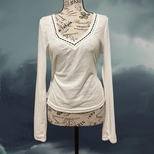 Anthropologie  Crochet Long Sleeve Elegant White Long Sleeve Top